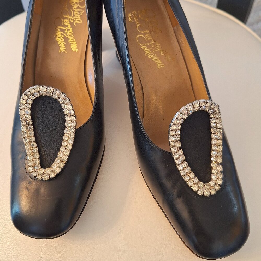 Vintage Ferragamo Black Leather Pumps Heels with Vintage Rhinestone Toe Clips